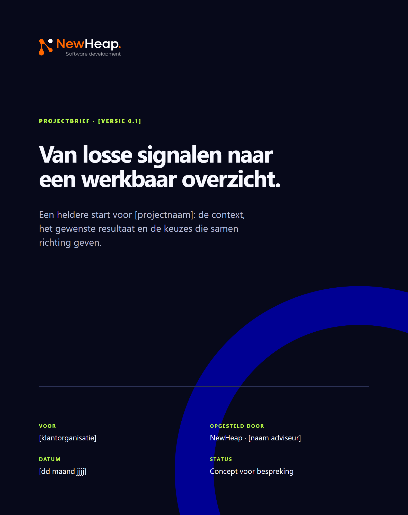 Preview van de NewHeap projectbrief als PDF-template